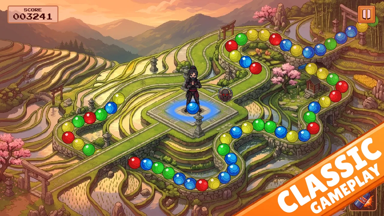 Orbex gameplay: the player at the center and the chain running along the path