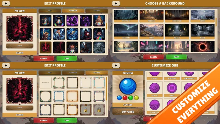 Profile, frames, backgrounds and orb skins